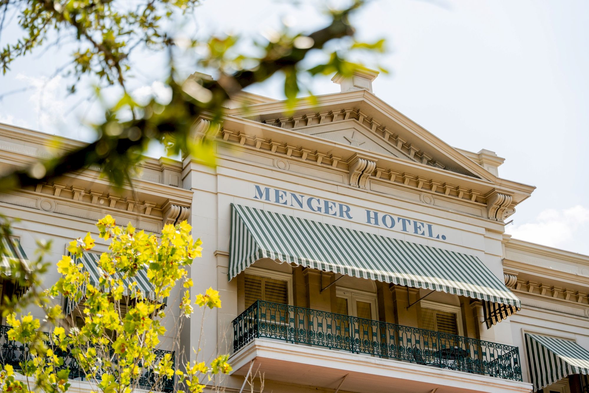 A hotel balcony and fa&ccedil;ade with a striped awning reading &ldquo;Menger Hotel,&rdquo; seen through yellow flowers and green leaves above.
