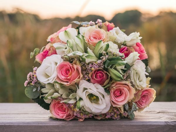 A wedding bouquet of pink and white roses, ranunculus, and greenery resting on a wooden surface, outdoors at sunset.