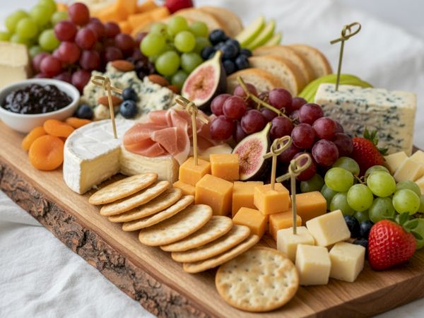 An elegant cheese and fruit board with assorted cheeses, crackers, grapes, berries, figs, and a variety of fresh fruit on a wooden platter.