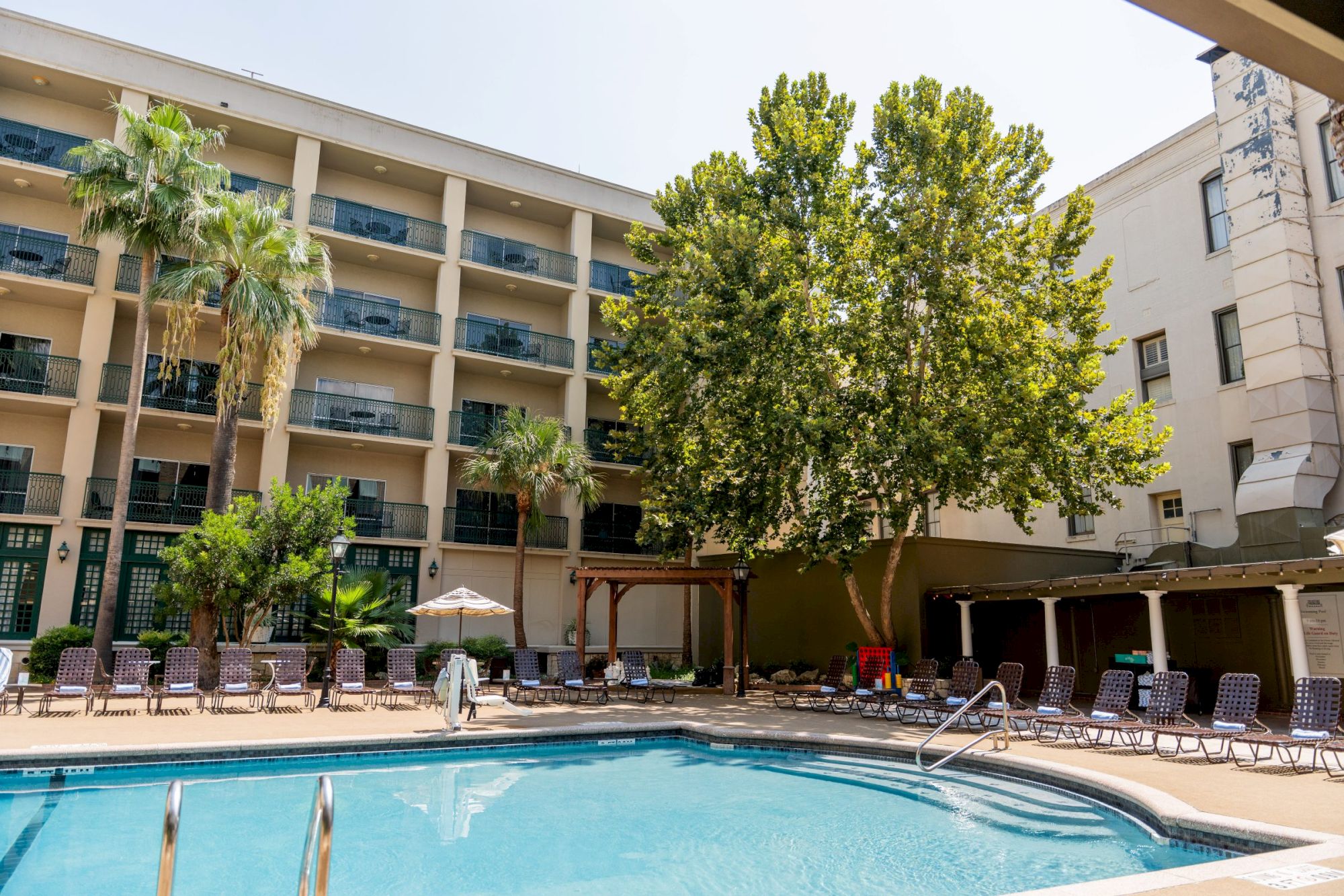 A hotel courtyard with a curved swimming pool, sun loungers, palm trees, and a multi-story building in the background, sunny and inviting.