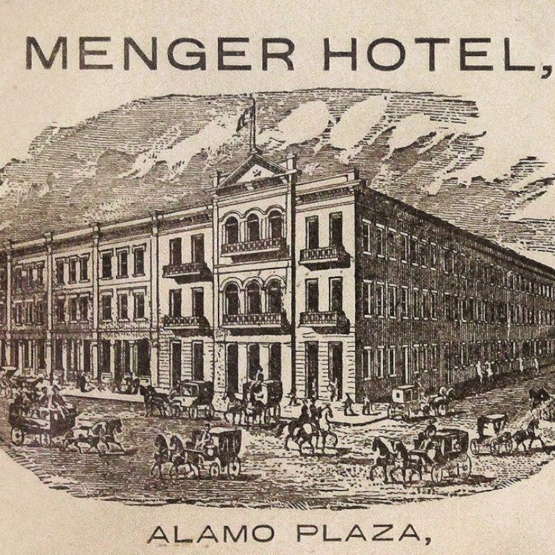 A vintage illustration of the Menger Hotel at Alamo Plaza, shown as a historic building with surrounding street scene, on a beige card.