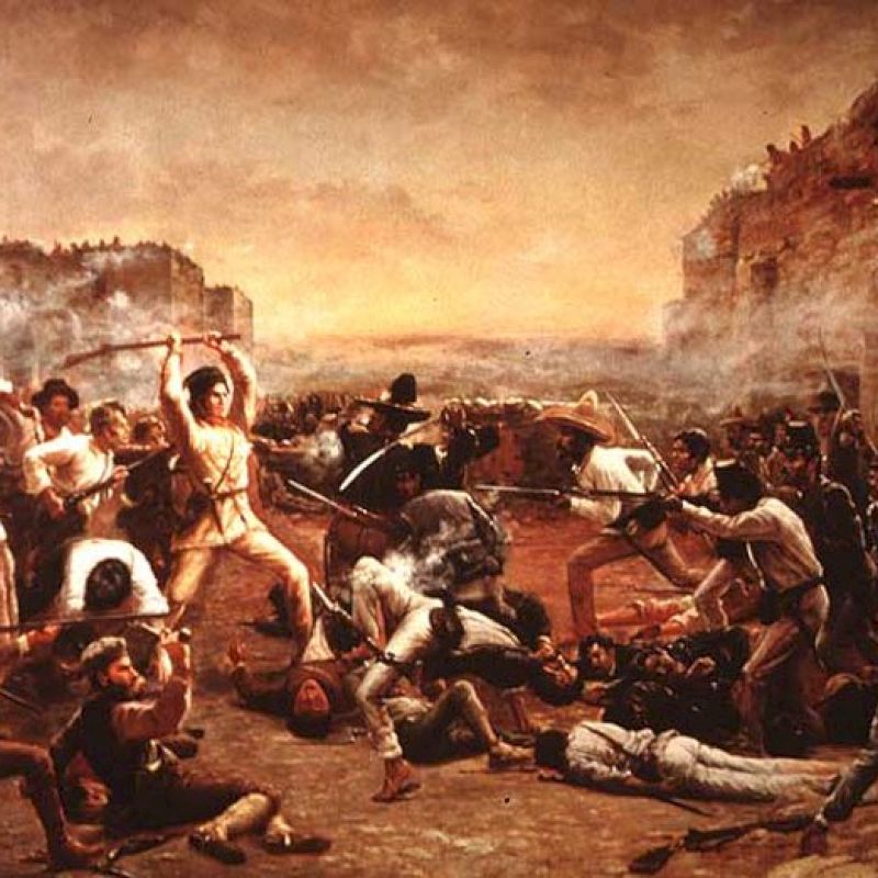 A chaotic battle scene with many figures fighting on a shore, some wounded or fallen, chaos and smoke in the background, dramatic sunset light.
