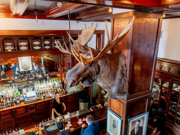 A mounted moose head over a busy vintage bar, patrons mingle below amid wooden shelves and framed art in a cozy tavern.