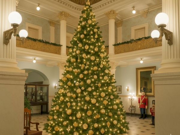 A grand Christmas tree towering in a marble lobby, adorned with gold ornaments, lights, and a festive glow in a stately building.