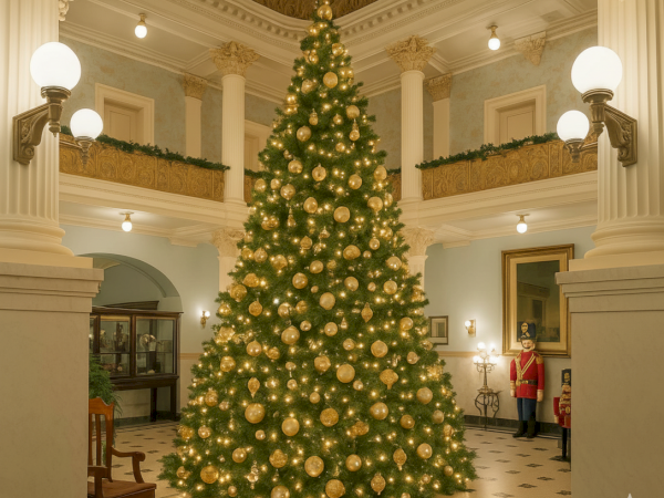 A grand, well-lit hotel lobby features a towering Christmas tree adorned with gold and white ornaments, surrounded by elegant columns and warm lights. End with a period.