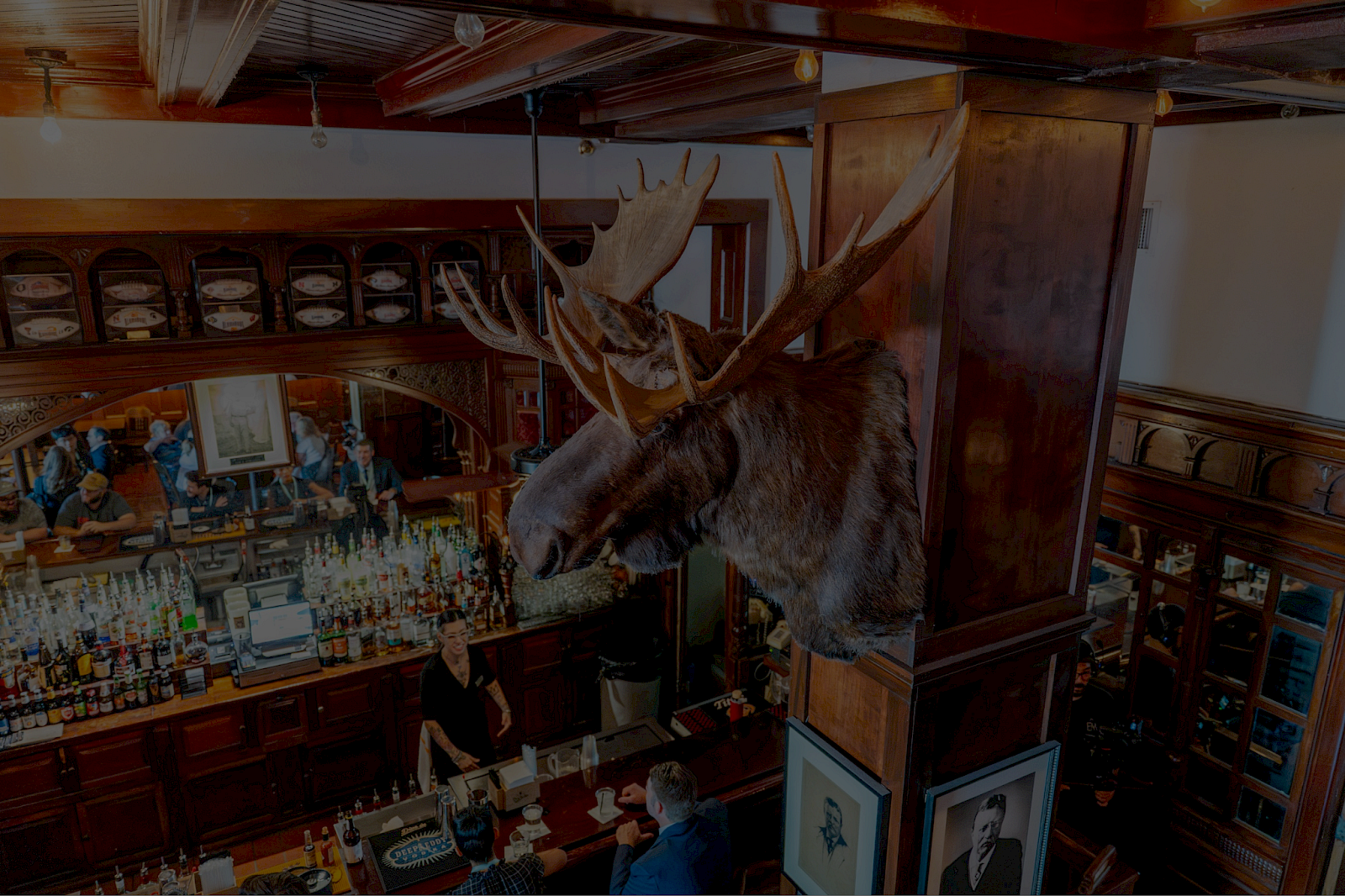 A moose head mounted above a busy bar area, with patrons and shelves of bottles visible downstairs in a cozy, wood-paneled interior.
