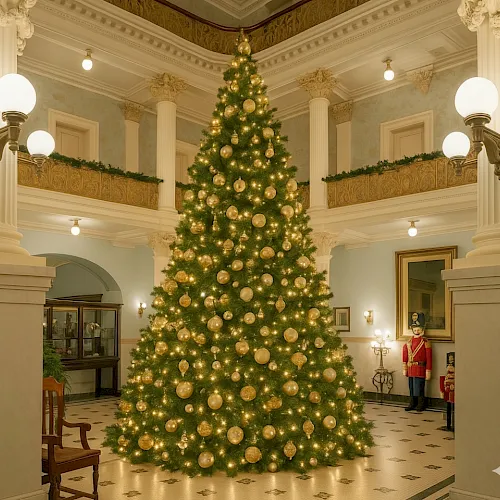 A grand Christmas tree adorned with gold and white ornaments stands tall in a regal, columned hall. Festive lights glow warmly.